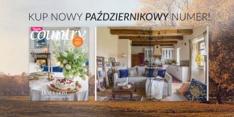 Październikowy numer magazynu „Weranda Country” z okładką i zdjęciem przytulnego wnętrza w rustykalnym stylu na jesiennym tle.