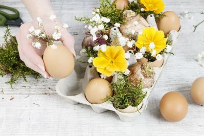 Z niebarwionych jajek możesz stworzyć piękne, naturalne wazoniki, w które powkładasz gałązki i kwiaty