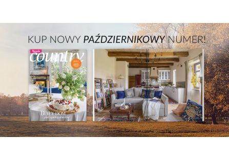 Październikowy numer magazynu „Weranda Country” z okładką i zdjęciem przytulnego wnętrza w rustykalnym stylu na jesiennym tle.