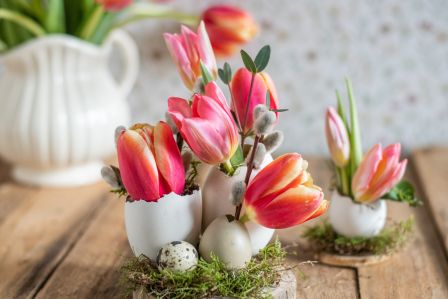 Wiosenne dekoracje z tulipanów i skorupek jaj