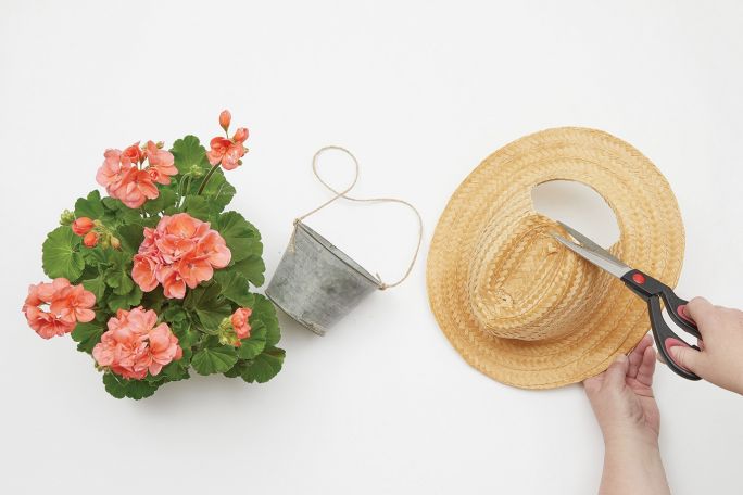 Dekoracja DIY z pelargonii i słomkowych kapeluszy krok 2
