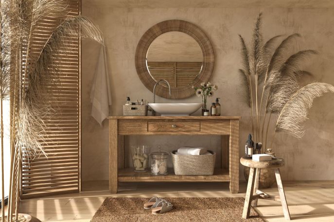 Brązy, beże, naturalne materiały: idealna łazienka w stylu boho